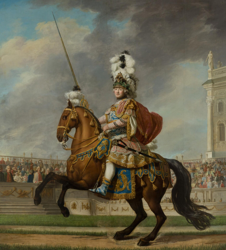 Григорий Орлов, непревзойденный организатор придворных празднеств, в 1766 году в конной «карусели» возглавил «римскую» команду. В. Эриксен. 1766—1772 гг.
