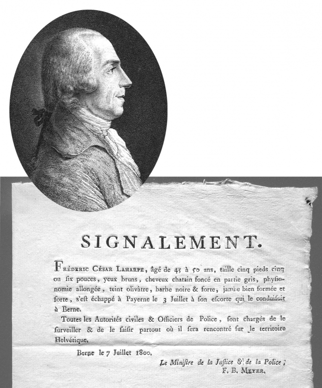 Ф.-С. Лагарп – директор Гельветической республики. Неизвестный художник, 1798 год; Объявление властей Гельветической республики от 7 июля 1800 года о розыске Лагарпа с указанием его примет